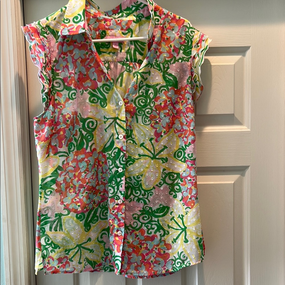 Lilly Pulitzer Cream Sleeveless Notched Collar Blouse